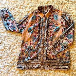 Chico’s pink floral satin feel button up blouse.